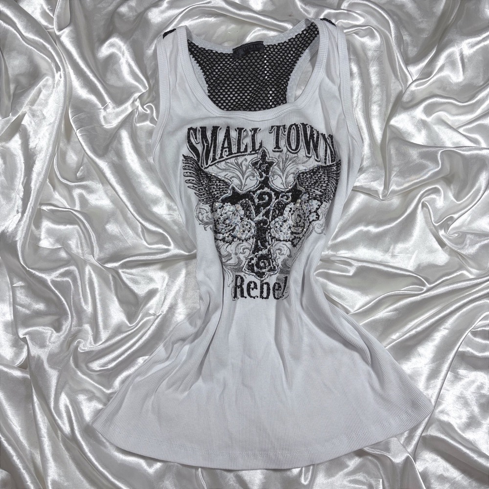 y2k Tank Top White Excellent Liberty Wear Small Town Rebel Rhinestone Fishnet